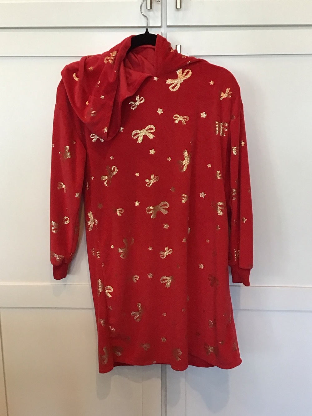 Holiday Time Red Hooded Kids Pajama Nightgown with Gold Bow Print